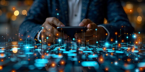 Hands using smartphone with digital interface, Business professional utilizing mobile technology