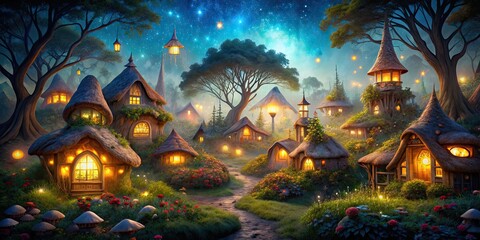 Enchanting faerie village illuminated under the night sky , faerie, village, night, magical, whimsical, fantasy