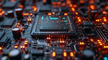 Detailed view of advanced chip design close-up, holographic interface highlighting intricate components, futuristic technology