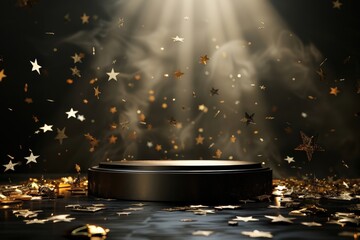 Black Podium with Spotlight and Falling Stars for Award Ceremony Celebration