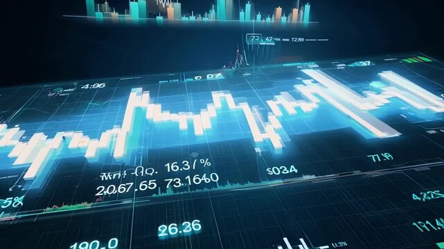 The holographic display shifts from macro to micro perspectives zooming in on individual stocks and zooming out to show the bigger market picture.