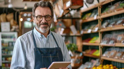 A man wearing a blue apron stands in a grocery store with a tablet in his hand
