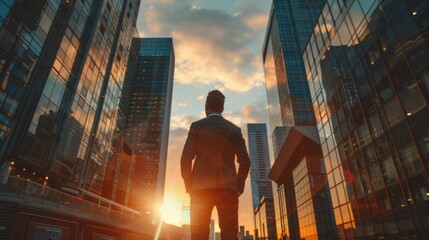 A successful, happy, wealthy businessman stands in a big city, a street, modern skyscrapers at sunset, thinking about his vision for the future.