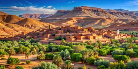Moroccan stone desert landscape with red hills, villages, and argan trees, Morocco, North Africa, semi-deserts
