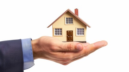 A man is holding a model house in his hand
