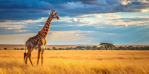 Giraffe standing tall in savannah landscape, wildlife, Africa, safari, nature, tall, spotted, animal