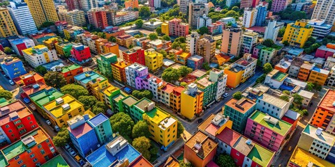 Fototapeta premium A scenic aerial view of a colorful urban cityscape , top view, aerial, cityscape, skyline, buildings, architecture