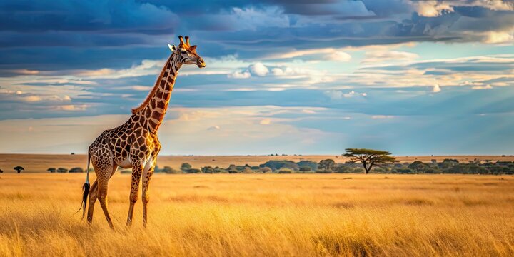Giraffe standing tall in savannah landscape, wildlife, Africa, safari, nature, tall, spotted, animal