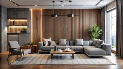 Fototapeta premium Modern living room with dark gray and light gray furniture and wood panels , modern, living room