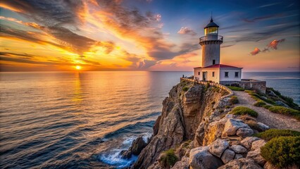 Abandoned lighthouse on rocky cliff at sunset overlooking sea , lighthouse, abandoned, rocky cliff, sea, sunset, dramatic