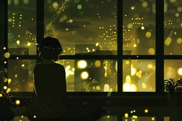 Nighttime city lights twinkle outside the window, reflecting in the eyes of someone lost in thought. Cozy vibe, Generative AI