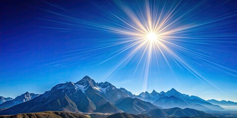 Scenic view of a clear blue sky illuminated by the sun with a mountain range in the background, sun, blue sky, clear, view