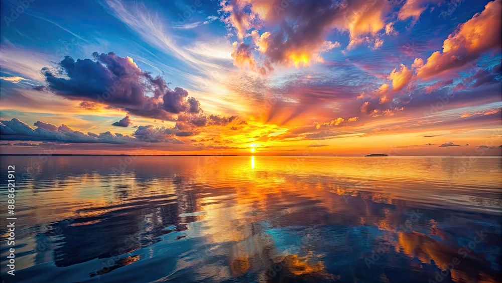 Wall mural Beautiful sunset over the calm sea with colorful reflections, sunset, sea, ocean, water, reflection, calm, serene, peaceful, horizon