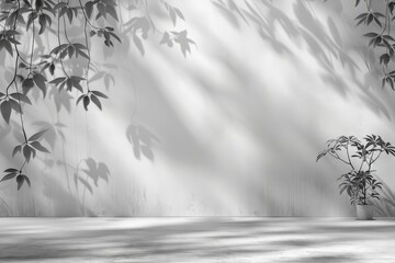 Minimalist Grey and White Background with Plant Shadows for Product Presentation