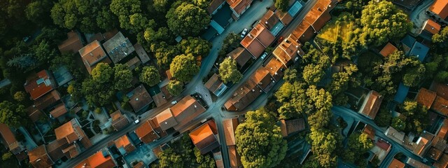 beautiful overhead top down bird eye perspective view on town village with orange roof with real estate property ecology green environment. wide banner wallpaper background for ads, web design, sites