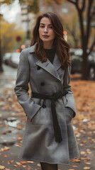 Fototapeta premium Elegant Woman in Chic Knee-Length Coat Standing Confidently on Busy City Street During Fall with Autumn Leaves Scattered on Ground