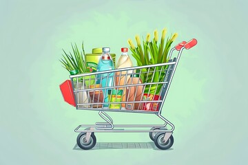 Vector illustration of a well-stocked grocery cart, pastel background, bright colors, detailed and high-resolution.