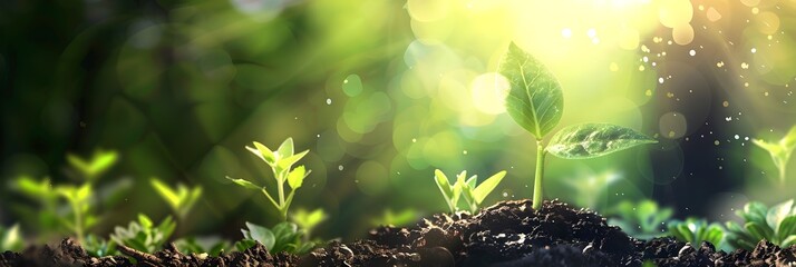 A beautiful green little plant coming out of the earthen soil with a beautiful blurred green background with sunbeams