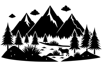 Obraz premium Mountain Tree Animals Silhouette Vector Illustration