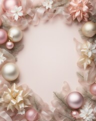 An elegant Christmas frame featuring pink and gold ornaments for a classy and festive decoration