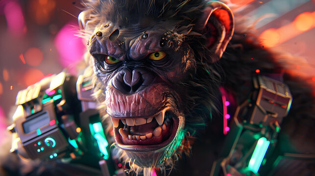 Close-up of a cybernetic ape with glowing eyes in a neon-lit futuristic cityscape, intense expression, mecha monkey cyberpunk tech