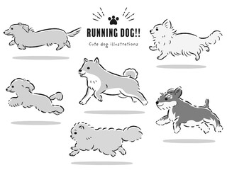 走る犬たちの手描きイラストセット