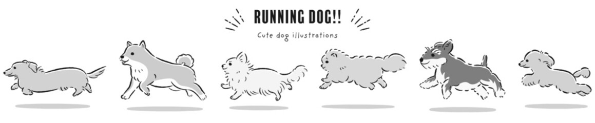 走る犬たちの手描きイラストセット