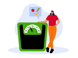 Girl measuring weight on weighing scale. Weight loss vector Illustration