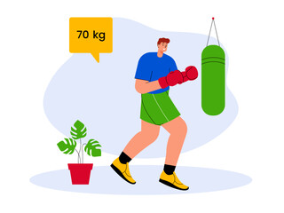 Boy working out at gym. Weight loss vector Illustration