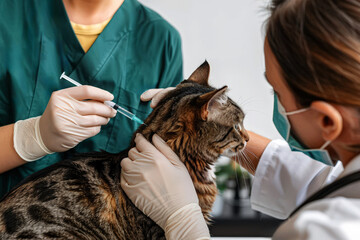 A cat is vaccinated with a Veterinarian Providing Care to a cat. Generative ai