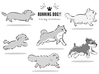 走る犬たちの手描きイラストセット