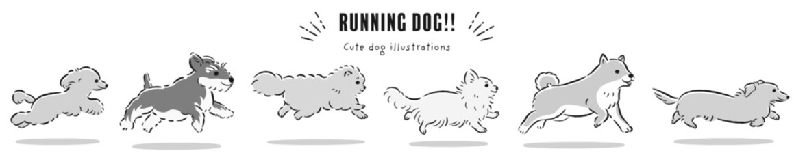 走る犬たちの手描きイラストセット