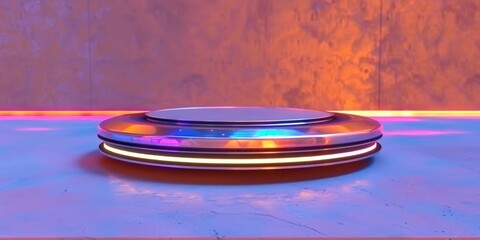 Obraz premium Simple Silver Circular Podium with LED Lights on an Abstract Background