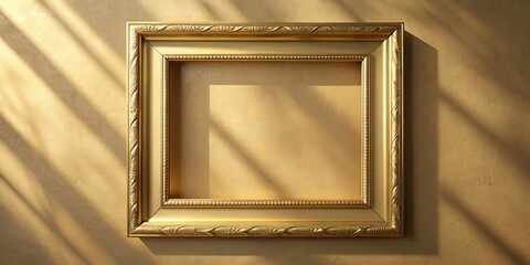Cadre dor? vide pos? contre un mur beige avec ombres naturelles, cadre dor?, vide, mur beige, ombres, naturel