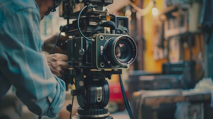 Naklejka premium camera, video, television, lens, studio, film, equipment, digital, technology, tv, movie, professional, news, media, broadcasting, interview, camcorder, filming, photography, broadcast, shooting, even