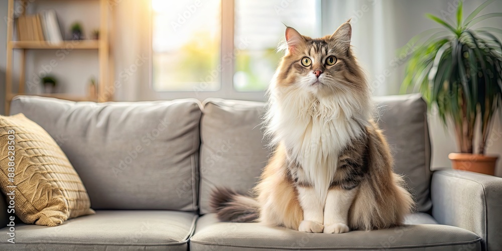 Wall mural A fluffy cat sitting peacefully on a cozy sofa in a living room setting, cat, sofa, pet, relaxation, cozy, home, domestic