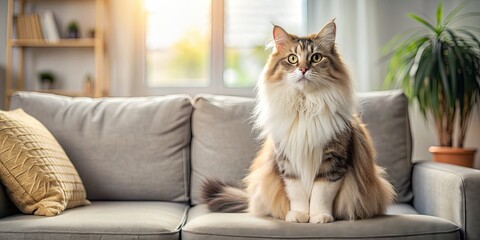 A fluffy cat sitting peacefully on a cozy sofa in a living room setting, cat, sofa, pet, relaxation, cozy, home, domestic