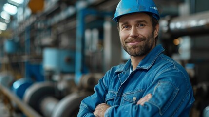Confident Industry Professional: Worker in Blue Workwear Smiling with Arms Crossed Against Production Line