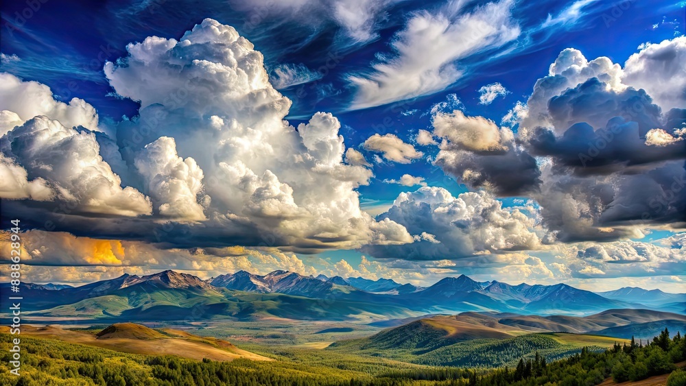 Poster A stunning landscape of a vast sky over a mountain range with fluffy cumulus clouds , nature, scenery, mountain range, clouds