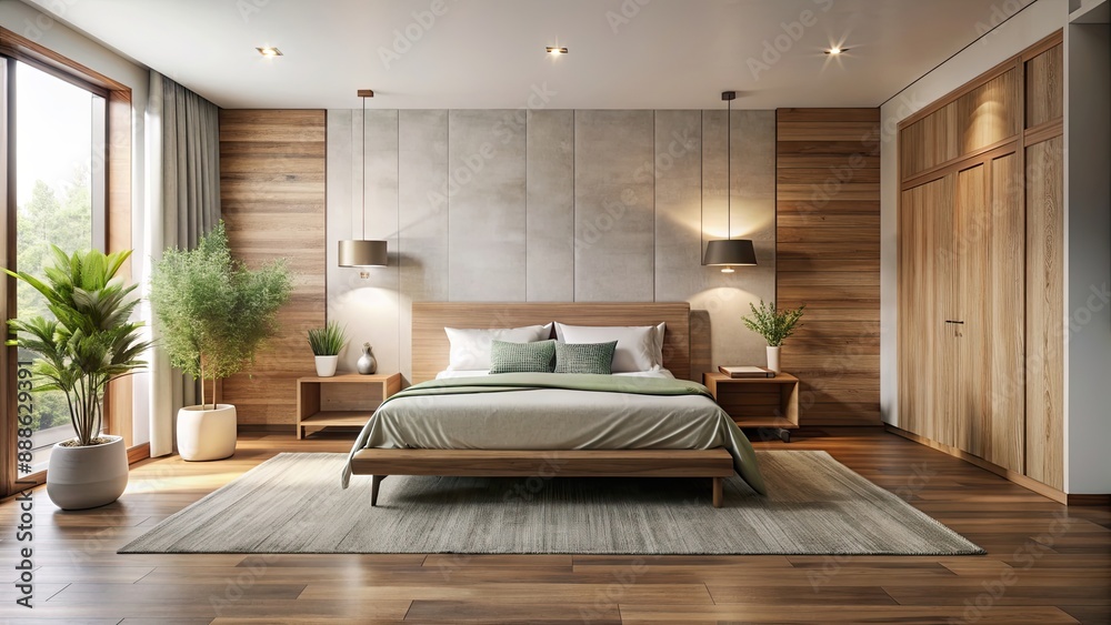 Wall mural Minimalist matrimonial bedroom with serene atmosphere, warm wooden accents , minimalist, matrimonial, bedroom, serene, atmosphere