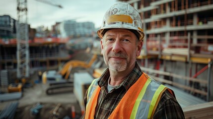 Photograph of a male construction contractor posing in front of a construction site, looking at the camera, smiling.