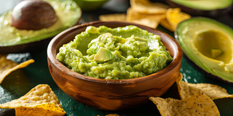 Obraz premium close up shot of the creamy, smooth texture of avocado guacamole in an elegant wooden bowl, generarive AI