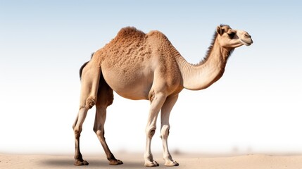Majestic Camel Standing in Desert Landscape with Clear Blue Sky Background