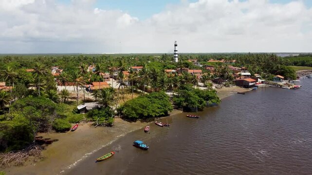 Mandacaru Lighthouse At Barreirinhas Maranhao Brazil. Aerial View Of A Bustling Ligthhouse In A Coast City. Landscape Sky Clouds Waterfall Tropical. Landscape Waterfall Powerful Flow.
