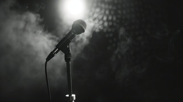 Close-up of microphone on stage against a black background with white lighting and smoke. The silhouette of the microphone in the dark. Music instrument concept. 