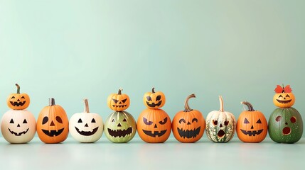 Carved pumpkins with different expressions lined up, Halloween, playful social media background