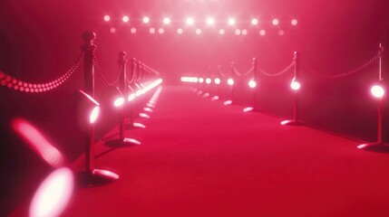 Digitally generated video of red carpet with spotlights against red background.