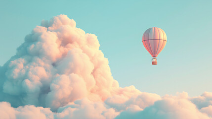 Fototapeta premium Pink Hot Air Balloon Floating Among Soft Clouds in Blue Sky..