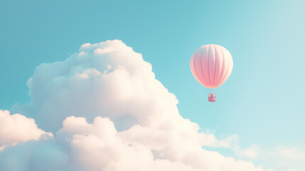 Fototapeta premium Pink Hot Air Balloon Floating Among Soft Clouds in Blue Sky..