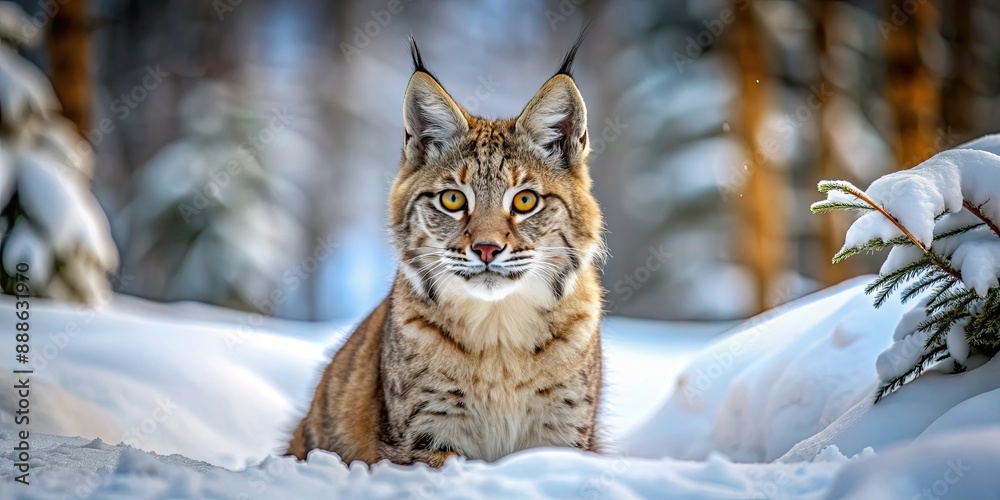 Poster Vigilant lynx kitten with piercing eyes in a snowy forest , lynx, kitten, vigilant, snowy, forest, wildlife, nature, predator, cold